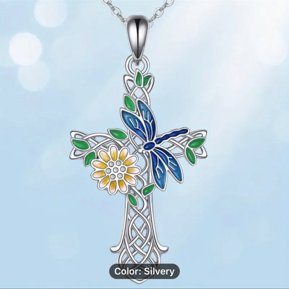Silver Cross Pendant Necklace with Blue and Green Accents